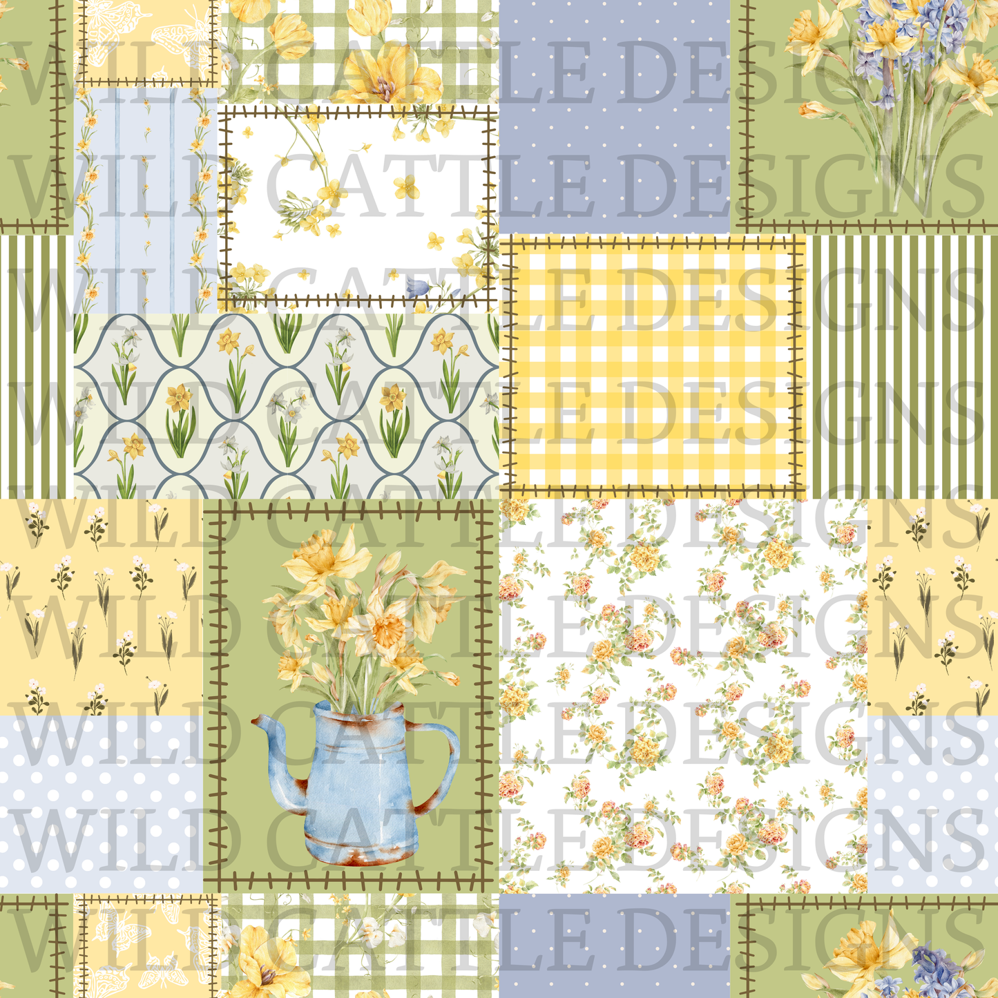 Blue green yellow floral patchwork