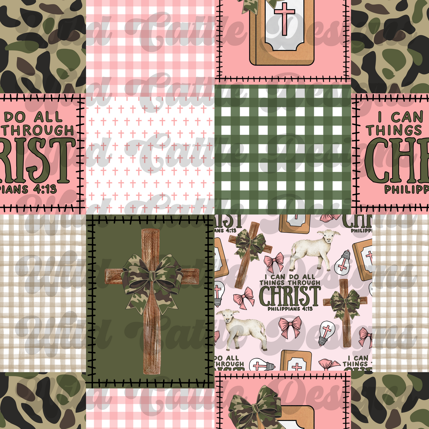 Pink camo through Christ patchwork