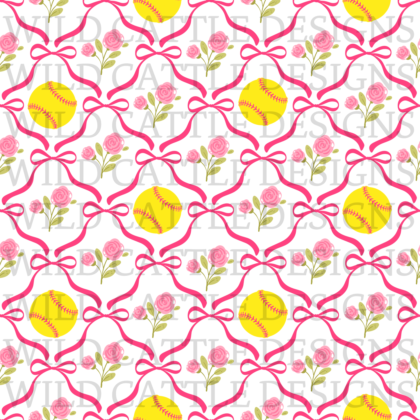 Softball hearts floral bows seamless