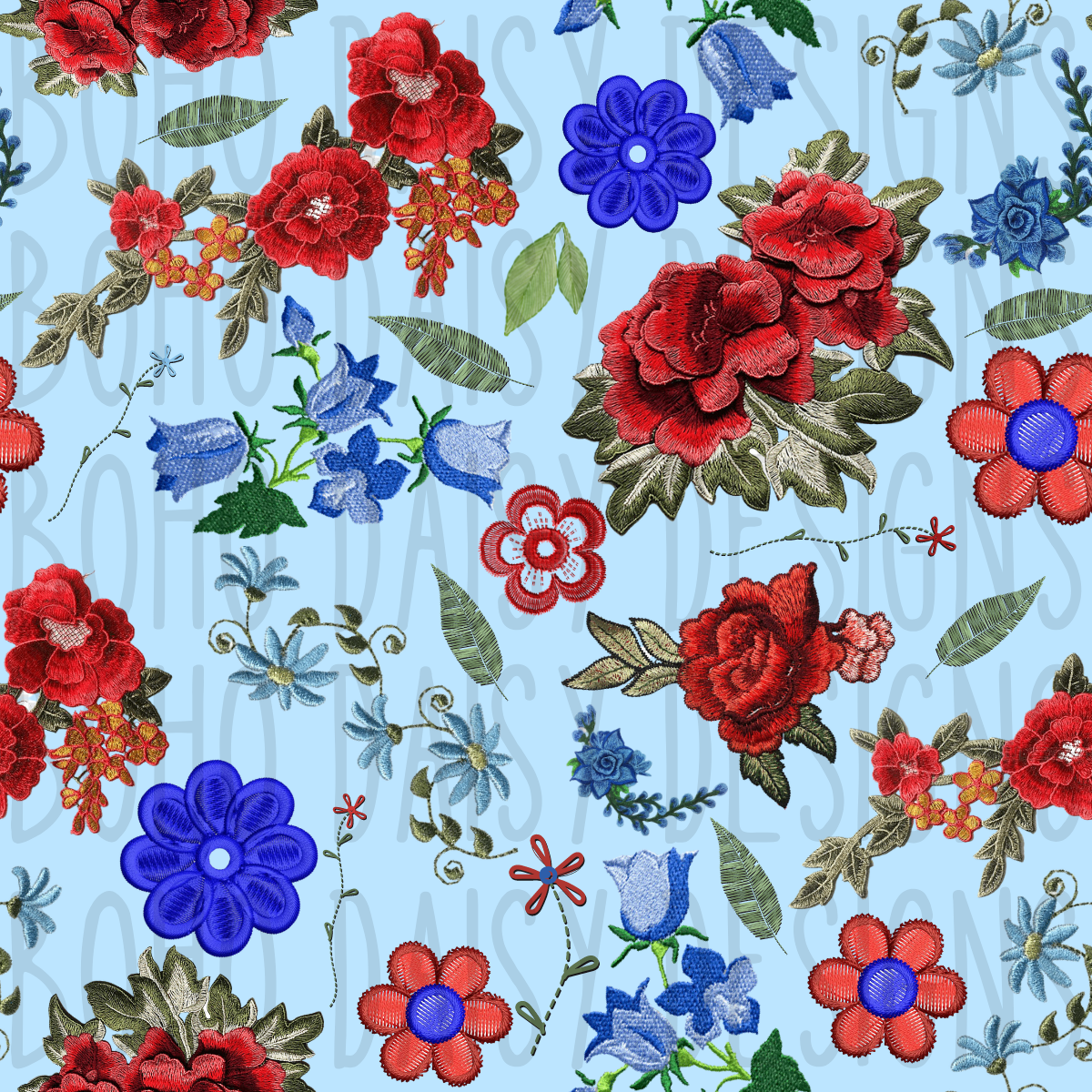 Red White Blue Embroidered Flowers Seamless