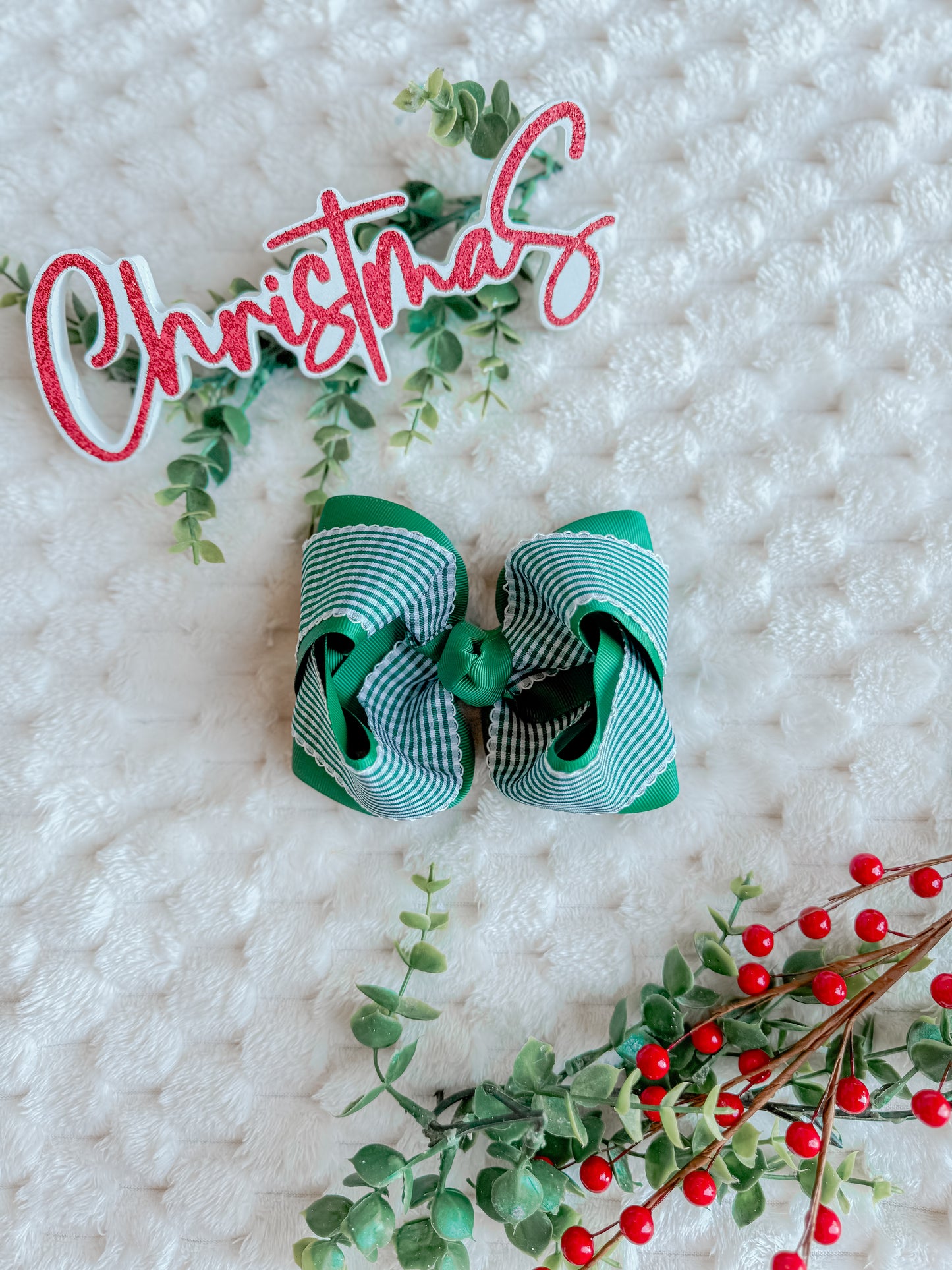 5 in double layer green with green gingham bow