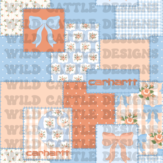 blue and peach floral car heart patchwork