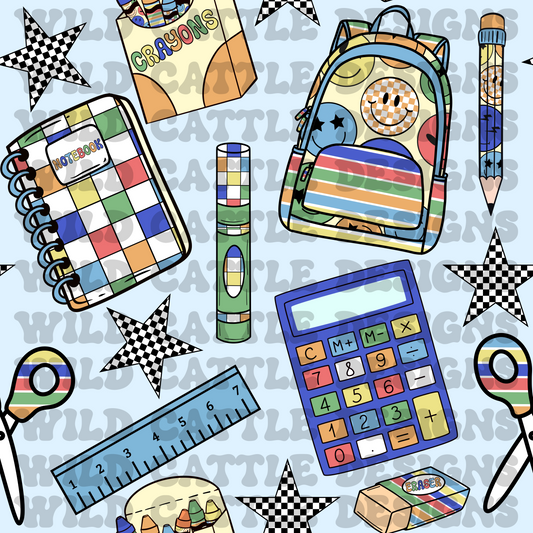 Boy bright blue school supplies seamless