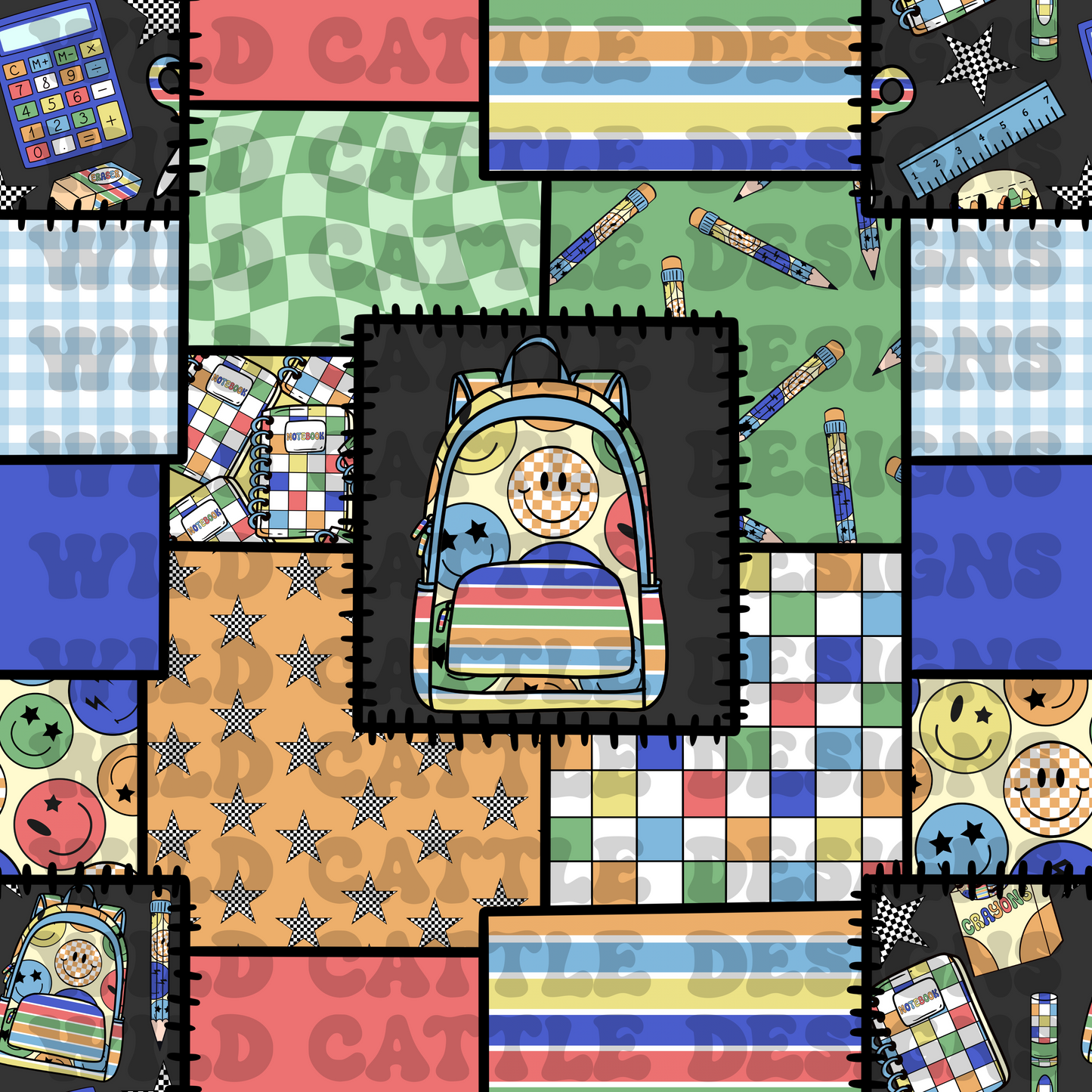 Boy bright school supplies patchwork
