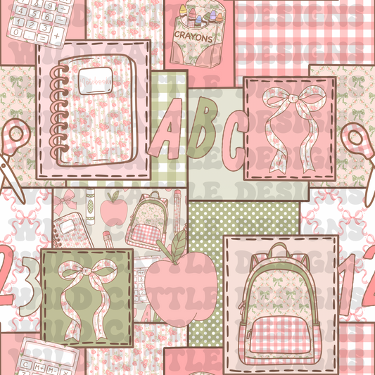 Pink coquette school supplies patchwork
